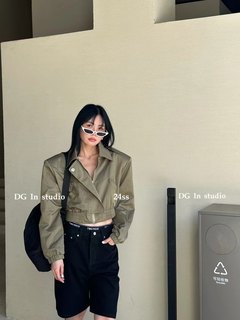 DG STUDIO春季韩版复古翻领小个子短款绿色机车服飞行夹克外套女