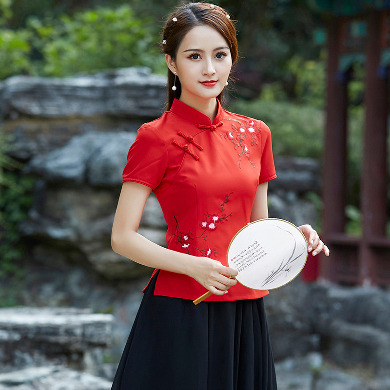 唐装夏季女士淑女修身显瘦复古梅花刺绣文艺改良短袖上衣茶艺服琴