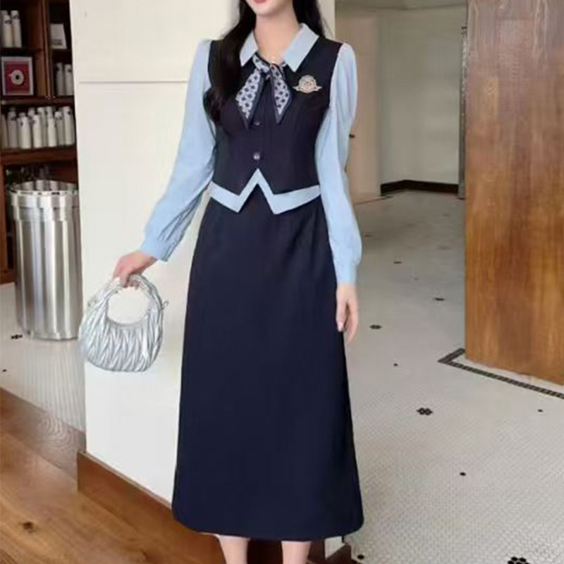 秋季女装长袖新款淑女两件套连衣裙优雅气质通勤学院风长款连身裙