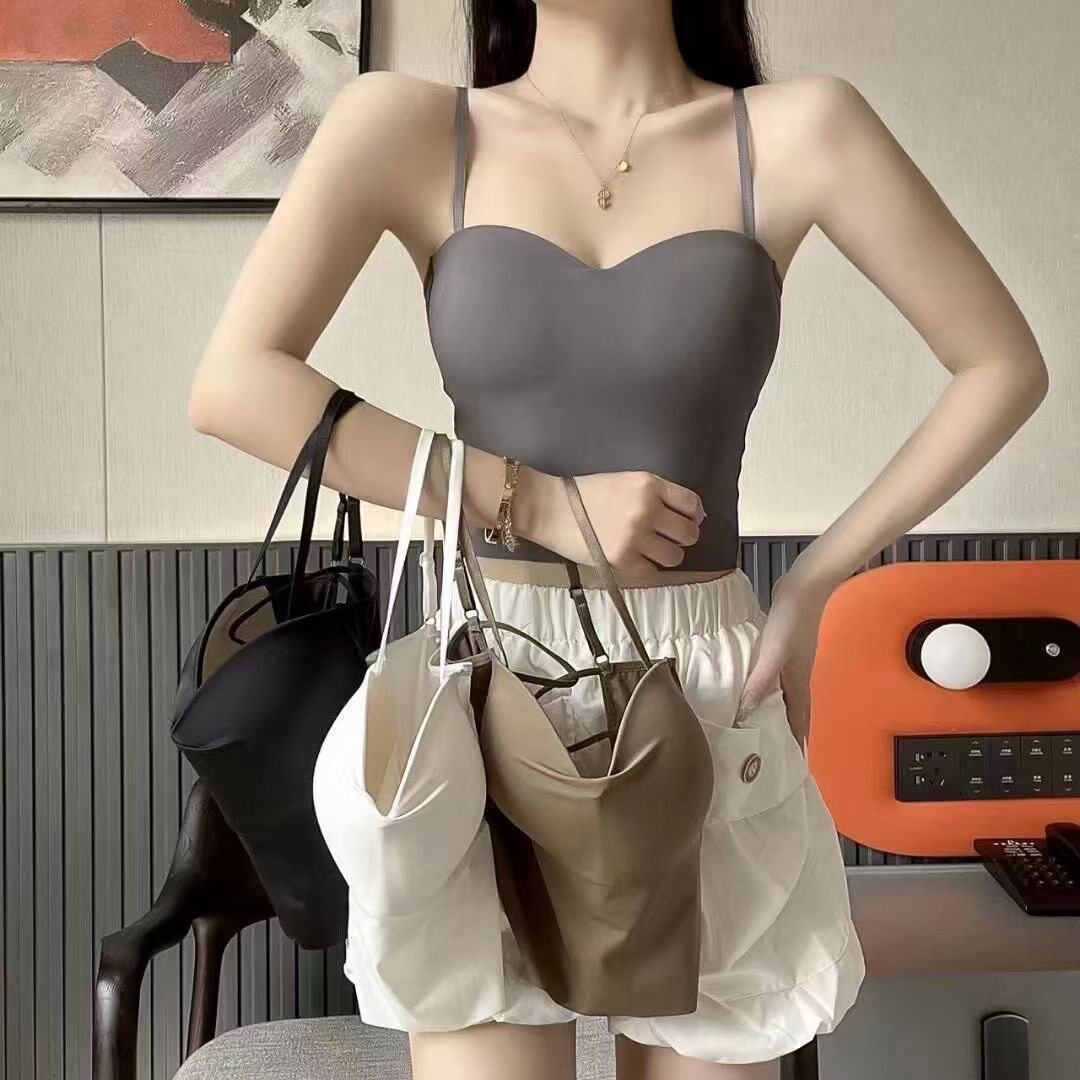 显瘦交叉镂空美背吊带背心女夏季冰丝无痕乳胶固定杯内搭外穿抹胸
