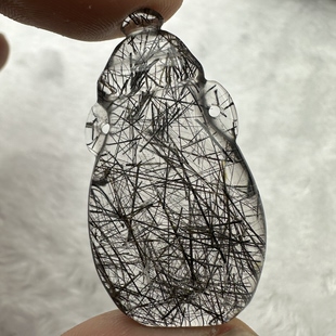 天然白水晶黑发晶吊坠挂件水晶雕刻件饰品 黑碧玺平安无事挂件