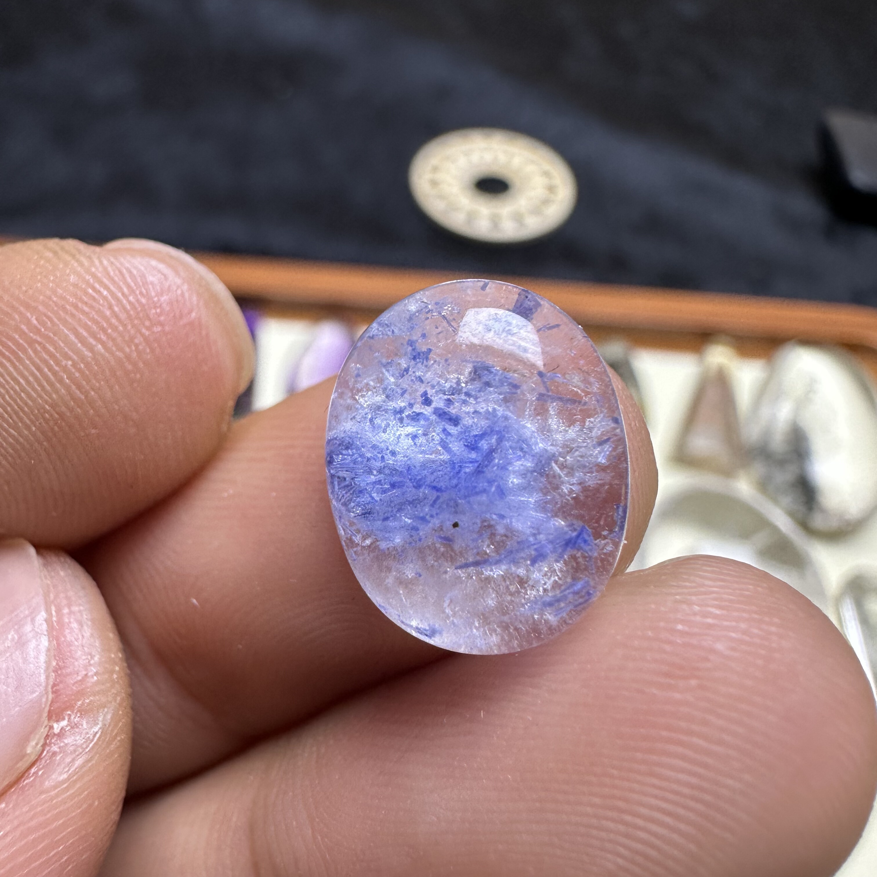 天然白水晶蓝线石蛋面戒指面可镶嵌稀少蓝色系发晶一物一图男女款