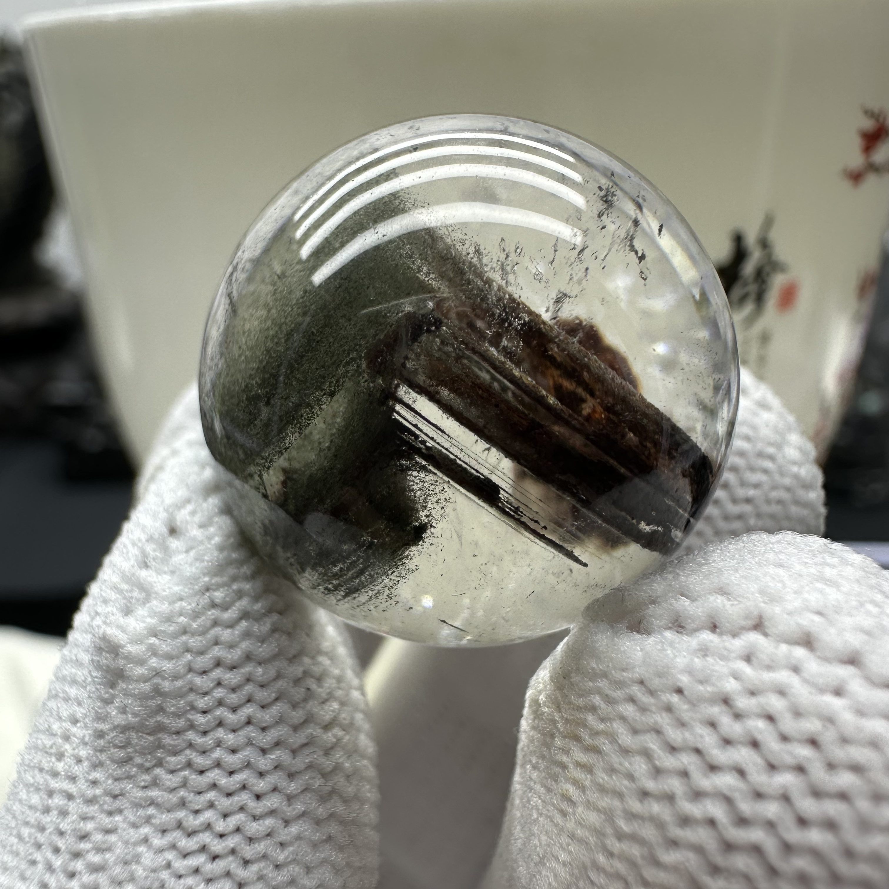 24mm天然白水晶单珠转运珠裸石 红绿幽灵共生金字塔包裹体可镶嵌
