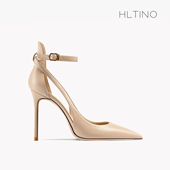 2025年新款 包头一字带绑带细跟尖头高跟鞋 裸色软皮中空凉鞋 女夏季