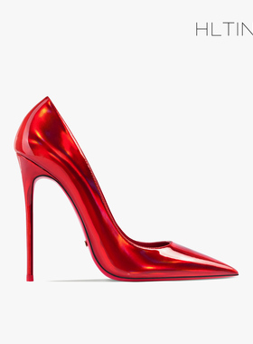 2025新爆款12cm镭射红色漆皮尖头高跟鞋女细跟性感大码红底单鞋春