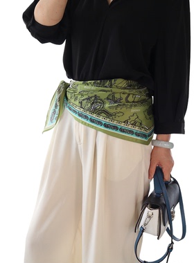 长120CM系腰长丝巾女复古绿色菱形领巾ins小围巾叠穿旅游拍照屁帘