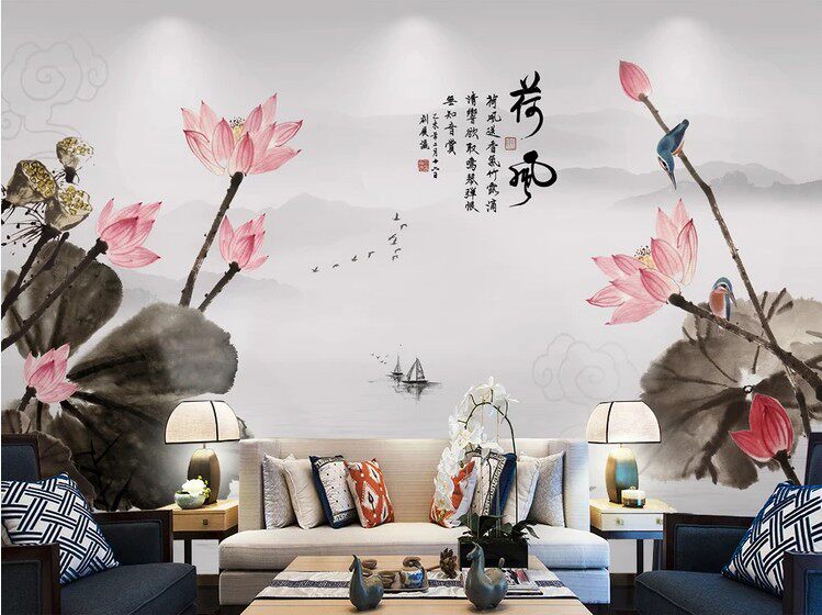 新中式中国风手绘水墨荷花电视背景墙软硬包壁画宣绒布喷绘墙布3d