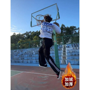 传奇商行冬季加绒高街篮球三条杠裤子美式学院学生条纹休闲运动裤