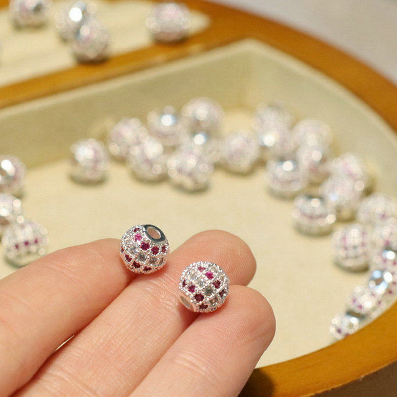 纯铜微镶锆圆珠 玫红锆满钻隔珠 diy手作串珠饰品材料配件