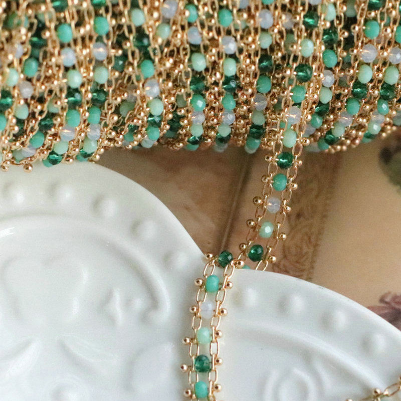 敦煌唐风 渐变湖绿手工链条 手工串珠散链子 diy古风饰品配件