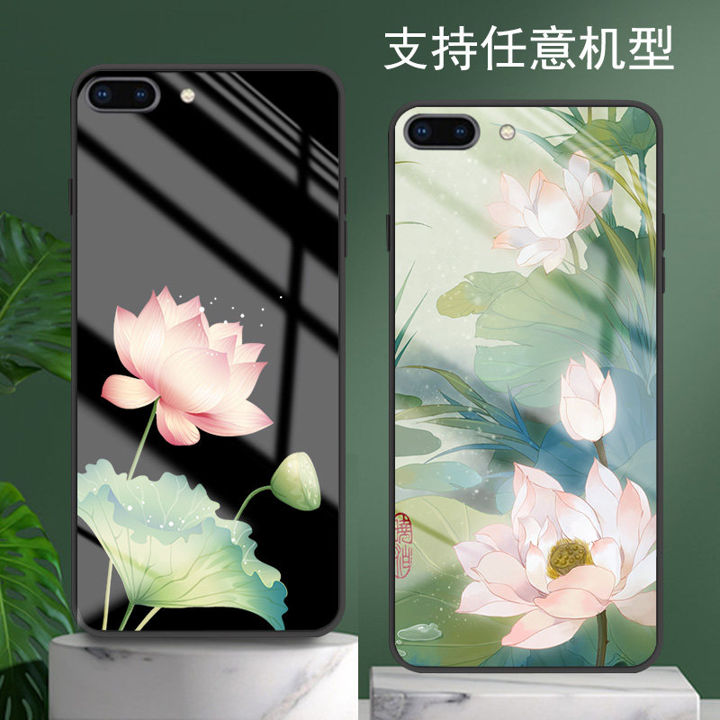 适用苹果8手机壳iphone7情侣6玻璃6s古风8plus中国风潮牌酷奢华小众清新网红7plus荷花莲花男士8P女生款外套