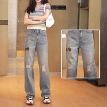 破洞直筒牛仔裤女阔腿裤春季薄款2025新款高腰钉珠高级垂感拖地裤