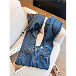 阔腿裤 蓝色复古刺绣高腰喇叭牛仔裤 型超好看 版 子 女2025秋冬新款