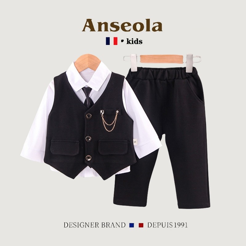 法国ANSEOLA男宝宝春秋装西装婴儿衣服英伦礼服男童周岁三件套装