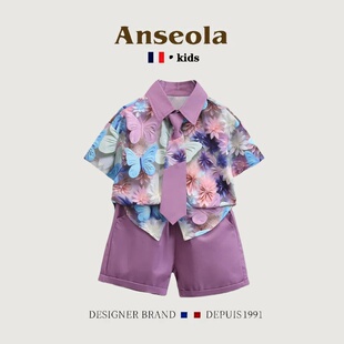 法国ANSEOLA男童礼服西装夏季沙滩度假风儿童花衬衫男孩痞帅套装
