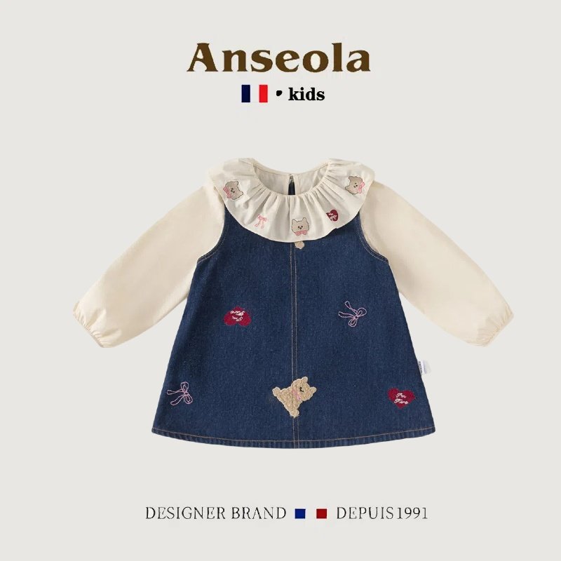 法国ANSEOLA女童春秋季小熊娃娃领衬衫韩版时髦牛仔背心裙两件套