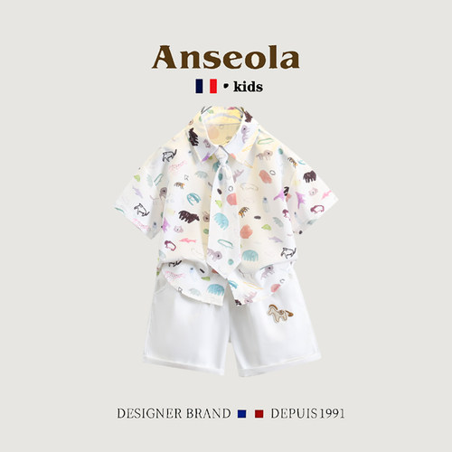 夏季男童满印动物短袖短裤套装