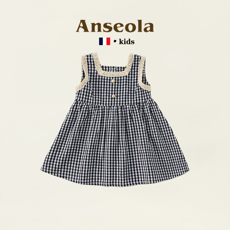 法国ANSEOLA新款夏季童装韩版女童格子黑白方领连衣裙中小童裙子