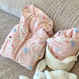 2025新款秋冬珊瑚绒睡袍女可爱法兰绒加厚睡衣加厚保暖连帽家居服