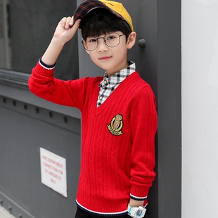 男童套头毛衣秋冬新款假两件衬衫领中大童纯棉线衣儿童针织衫薄款