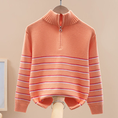 女童毛衣纯棉秋冬款 儿童加绒加厚针织衫 中大童女孩洋气线衣半拉链