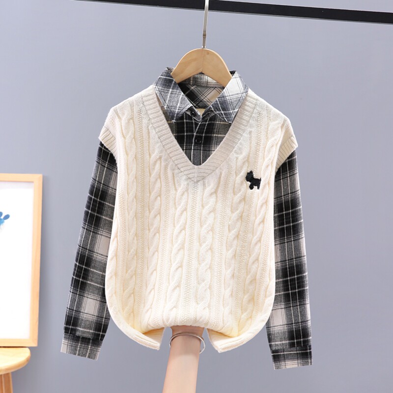 男童毛衣假两件秋冬装2025新款洋气中大童男孩学院风针织打底衫潮