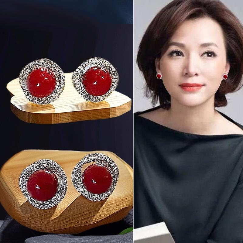 铜合金莫桑石耳饰螺旋红色复古耳钉女S925银针耳环新款高级感镶钻
