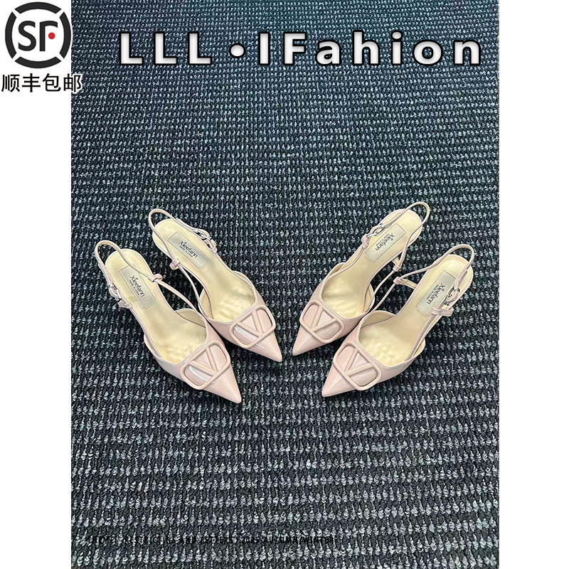 2026春季新款裸粉色V扣高跟鞋女真皮包头性感久站不累脚穆勒凉鞋