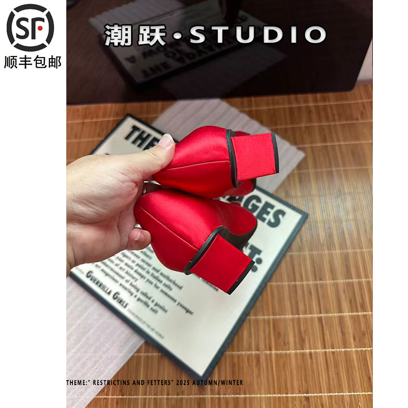 rv水钻方扣绸缎鞋女真皮2025秋季工作鞋方头浅口单鞋通勤风高跟鞋