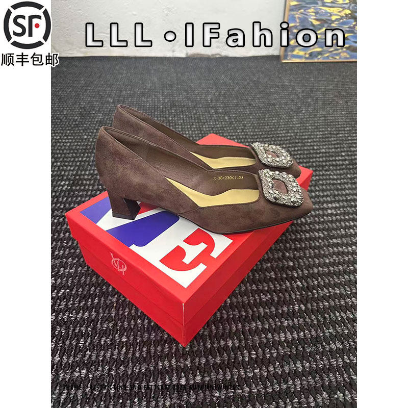 rv水钻方扣绒面高跟鞋女真皮