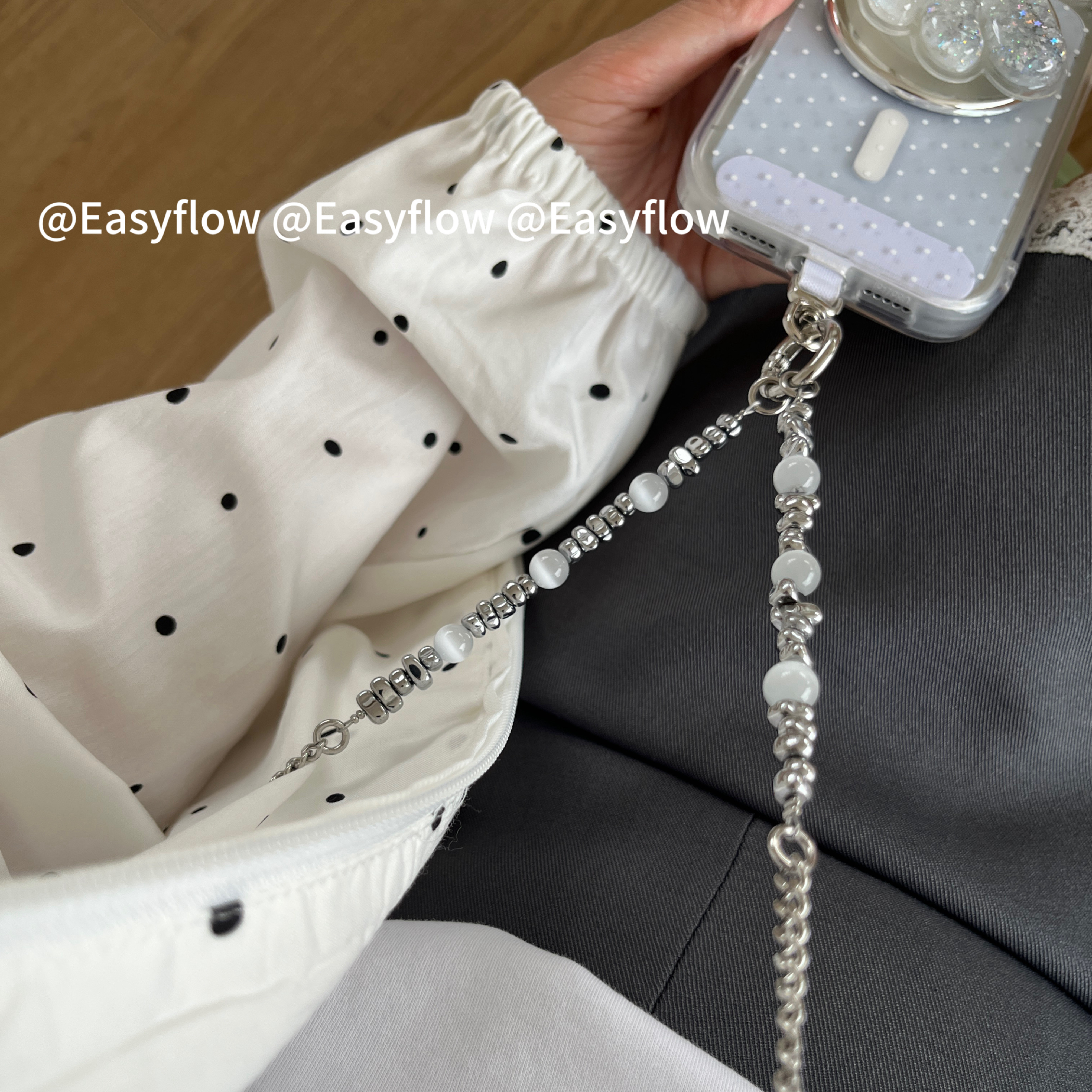 Easyflow|原创!!清冷白月光碎银白猫眼斜挎手机链手机挂绳