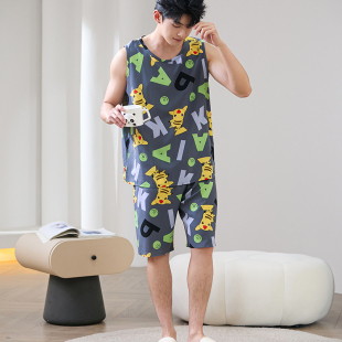棉绸无袖睡衣套装夏天薄款人造棉大码家居服男士可外穿背心裤装