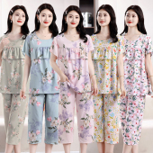 七分裤 短袖 套装 宽松大码 防凸点棉绸睡衣女夏季 休闲家居服套装 薄款