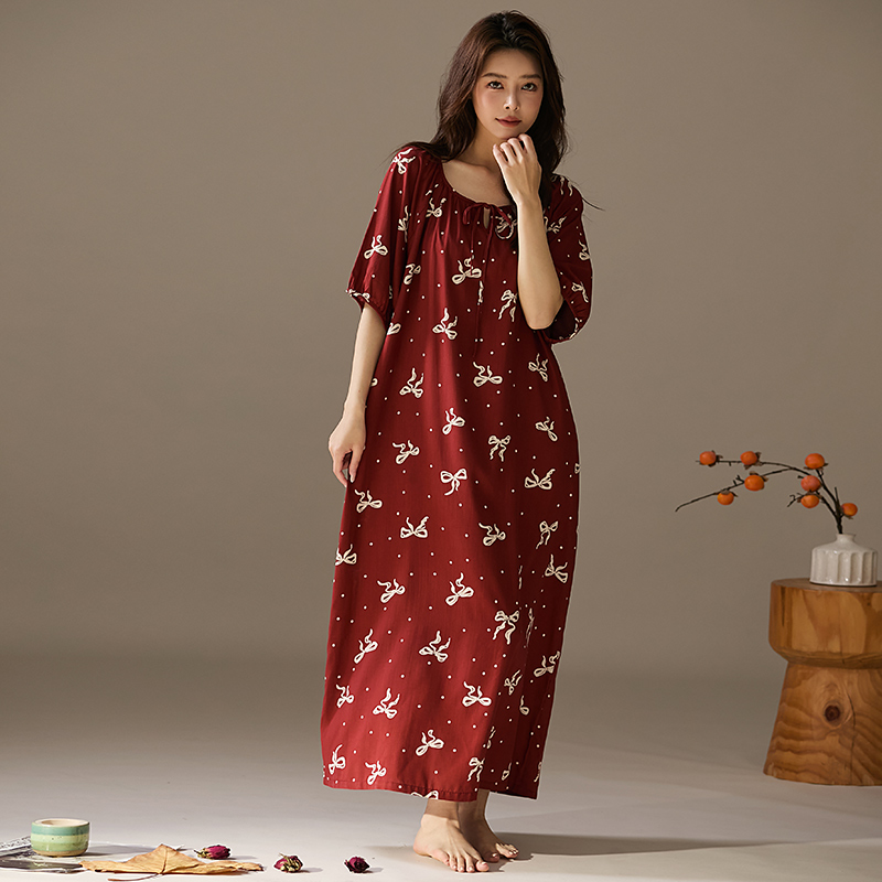 睡裙女春夏季棉绸宽松大码中老年妈妈款国风家居服可外穿绵绸睡衣