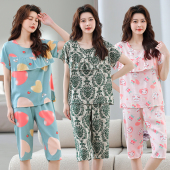 绵绸中老年妈妈大码 套装 人造棉家居服女可外穿 短袖 棉绸睡衣女夏季