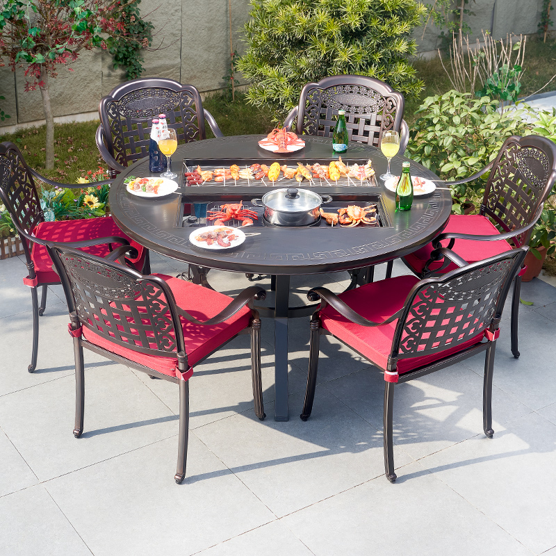 户外烧烤桌椅庭院室外花园铸铝多功能无烟炭烤电火锅休闲桌椅组合
