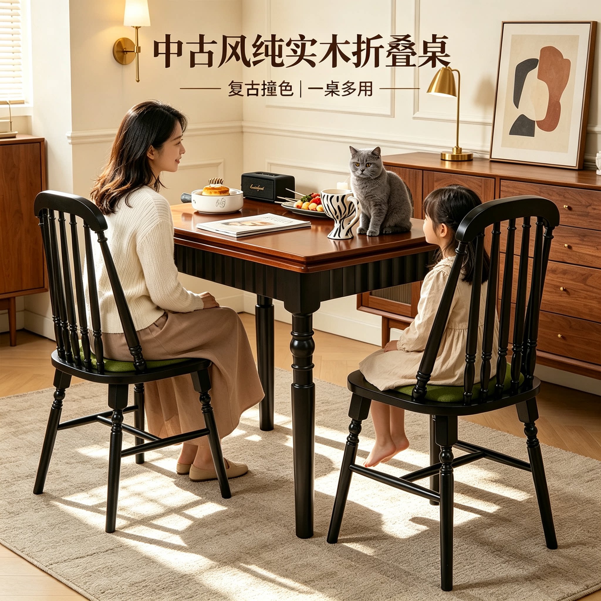 中古风实木折叠伸缩餐桌椅组合图片