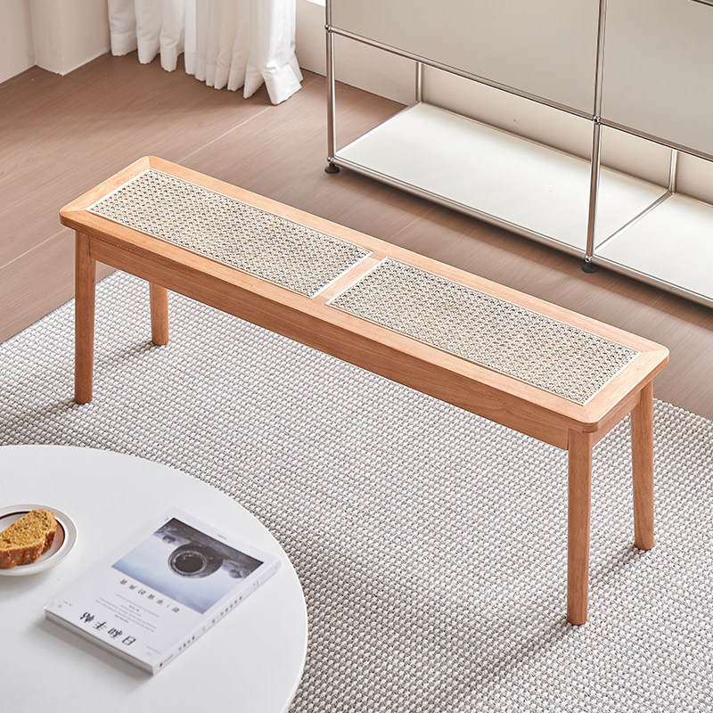 藤编长条凳昌迪加尔椅日式原木设计师长板凳实木家用床尾凳换鞋凳