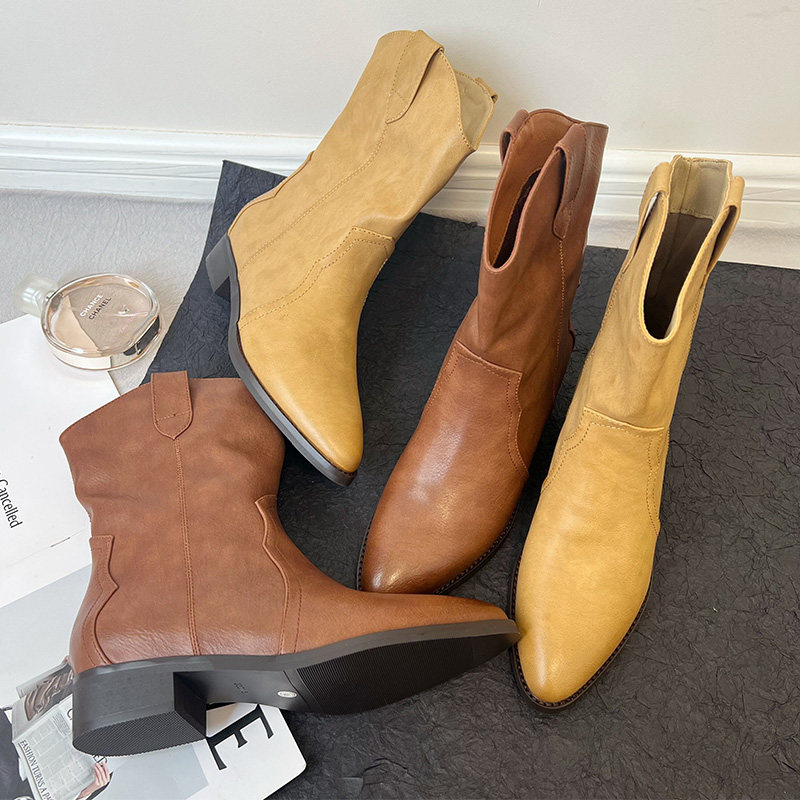 GENUINE LEATHER WESTERN COWBOY BOOTS WOMENS AUTUMN 2024 NEW VINTAGE POINTED TOE BOOTS SLEEVE V-MOUTH THIN BLOCK HEEL BOOTIES