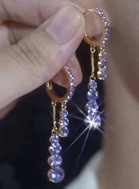 轻奢高级感紫色锆石水滴耳环女时尚精致百搭耳扣流苏耳坠网红耳饰