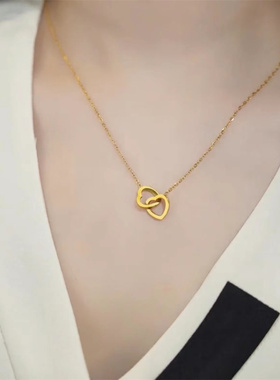 心心相扣双爱心项链女钛钢锁骨链