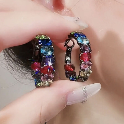 搭复古彩色圈圈耳环女925纯银针