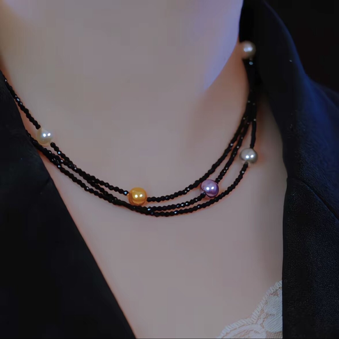 黑色水晶流苏项链女款高级感小图片