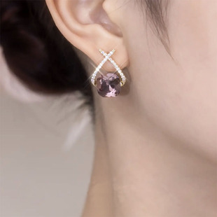 潮轻奢设计感精致耳环高级耳饰 气质小众紫色锆石耳钉女2023年新款