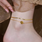 百搭脚踝链 双层足链个性 设计感福牌脚链女2024年新款 潮高级感时尚