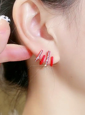 2025年新款潮925纯银针新年红色耳环高级感时尚四爪排排气质耳钉
