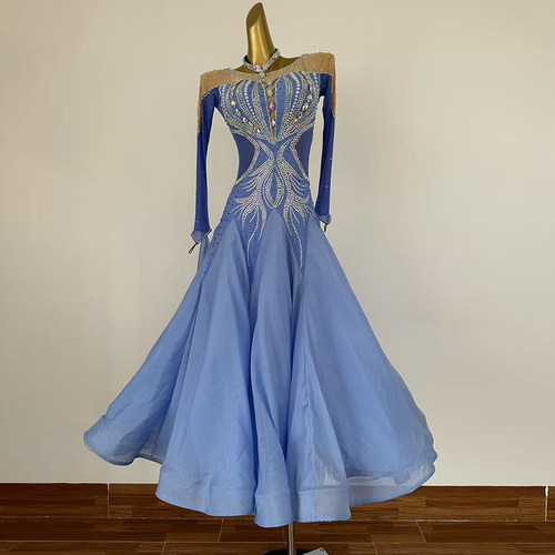 定制裙摆珍珠丝国标舞摩登舞表演舞服华尔兹演出舞服交谊舞比赛裙