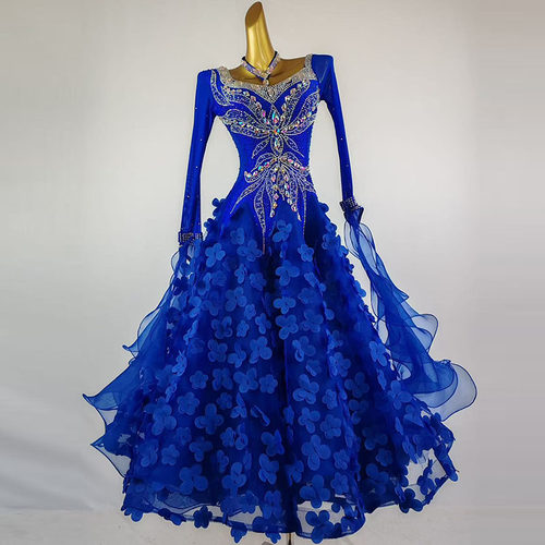 定制上身氨纶裙摆外花布内玻璃纱国标舞摩登舞华尔兹交谊舞比赛裙