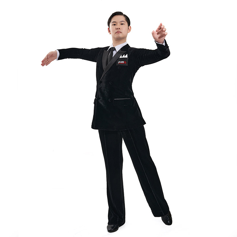 定做现货全丝绒材料双排扣戗驳领色丁领下摆直角西装比赛服6件套