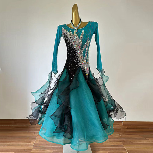 定制裙摆欧根纱国标舞摩登舞比赛裙华尔兹演出服交谊舞大摆比赛裙